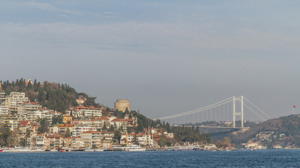 Bosphorus Strait and houses on hills in Istanbul, Turkey