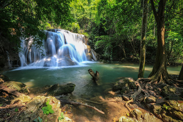 Huai Mae Khamin Waterfall (Khuean Srinagarindra National Park),tropical forest,beautiful waterfall and popular with tourists for a holiday at Kanchanaburi,Thailand
