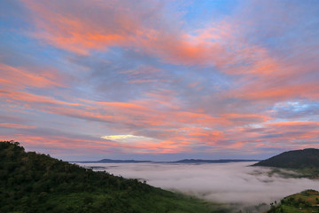 Viewpoint,beautiful tropical forest,mountain,mist at sunrise time in Khao kho,Phetchabun,Thailand