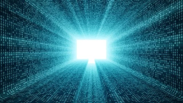 Abstract background with digital tunnel from binary code symbols 1 and 0 as technological sign with shine and light beams. Animation of seamless loop.
