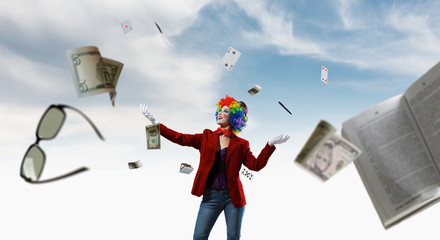 Juggling woman clown . Mixed media