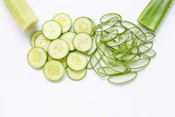 Aloe vera and cucumbers isolated on white.