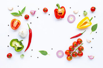 Various fresh vegetables and herbs on white background. Healthy eating concept