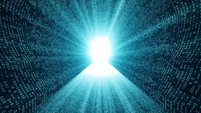 Abstract background with digital tunnel from binary code symbols 1 and 0 as technological sign with shine and light beams. Animation of seamless loop.