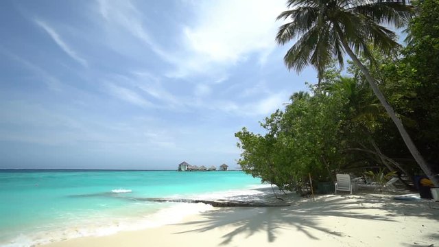Bright sunny day on  a beach view with a background of resort view. Green nature . Blue clear sky scape.