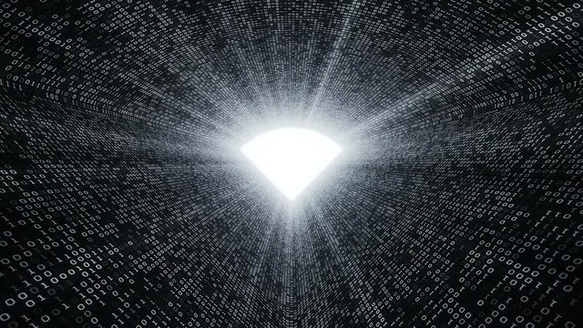 Abstract background with digital tunnel from binary code symbols 1 and 0 as technological sign with shine and light beams. Animation of seamless loop.