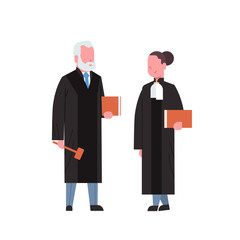 judge woman man couple court workers in judicial robe holding book and hummer low justice professional occupation concept cartoon characters full length white background flat
