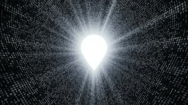 Abstract background with digital tunnel from binary code symbols 1 and 0 as technological sign with shine and light beams. Animation of seamless loop.