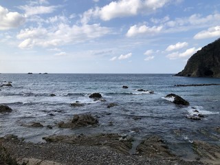 Japan Hyougo Toyooka city Takeno seaside Yodonodoumon sea cave  drone shot