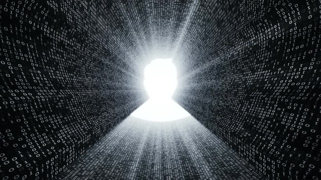 Abstract background with digital tunnel from binary code symbols 1 and 0 as technological sign with shine and light beams. Animation of seamless loop.