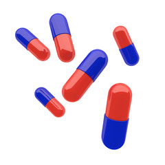 Collection of Red Blue Pills falling, on isolated white background - 3D Illustration