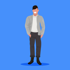 happy man in casual clothes standing pose guy with hands in pockets male cartoon character full length flat blue background