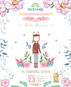 Happy Birthday Card with cute little Princess and pink flowers and flower. Beauty design card for celebration, invite on white background