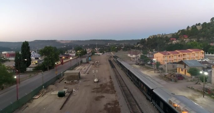 Aerial drone shot of the El Chepe passenger train in Creel, Chihuahua, Mexico