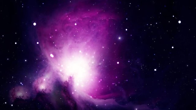 A camera slowly moving throughout space towards the pink and purple Orion Nebula Constellation, one of the brightest nebulae in the Milky Way.