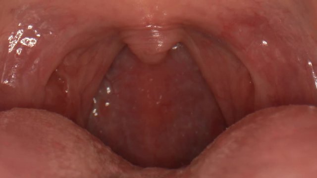 Macro close-up of a human mouth as the uvula moves and retracts