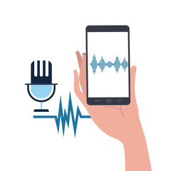 hand with smartphone and voice assistant