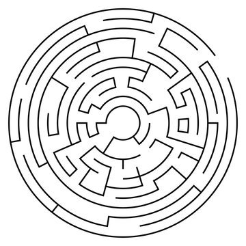 Circular labyrinth with entry and exit. Line maze game. Medium complexity. Vector 