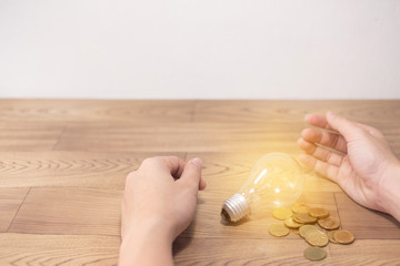 save power to save the earth concept, young women hand put coins into light bulb on wooden backgrounds