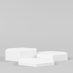 Abstract geometry hexagon shape white color podium on white background for product. minimal concept. 3d rendering