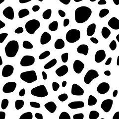 Cow skin. Dalmatians dog spots. animal skin seamless pattern. Black and white. Animal print texture. Vector background.