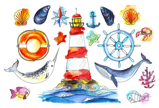 A large set of hand-drawn elements. Ocean theme. Colorful watercolor illustration.