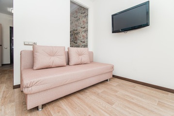 The photo of the bright room with a sofa and the TV