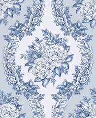 Damask Seamless Pattern Drawings : Roses and Leaves