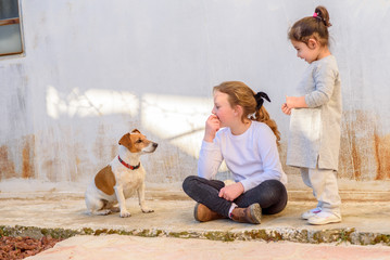 Two young girls playing with pet dog jack russell terrier outdoor.