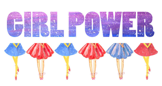 Card Girl power.  girl's legs in lush blue and red skirts on a white background isolated. 