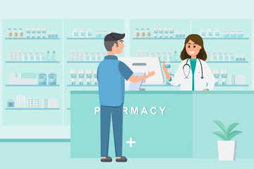 pharmacy with nurse in counter. drugstore cartoon character