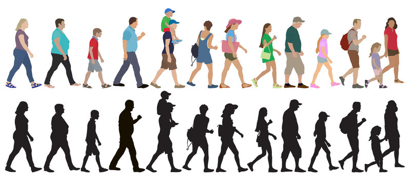 Set of walking people (crowd) and silhouettes, isolated. Vector illustration.
