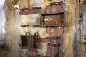 The remnants of the equipment of the rangefinder post of the naval artillery fort. Kronstadt, Russia