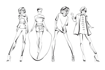 Stylish fashion models. Pretty young girls. Fashion womans Sketch