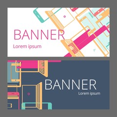 Set of colorful banners with smartphones, laptops, computer monitors. Vector illustration.