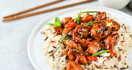 teriyaki chicken's  with chili pepper and sesame seeds, with rice. on a white plate, copy space, selective focus, Asian cuisine, Chinese cuisine, Thai cuisine. food flat lay. light background