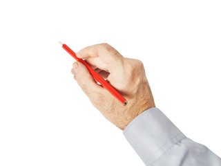 Male hand in a shirt draws with a pencil. Isolated on white background