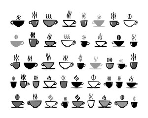 coffee set. various cups of coffee. vector silhouette and outline icons on white background