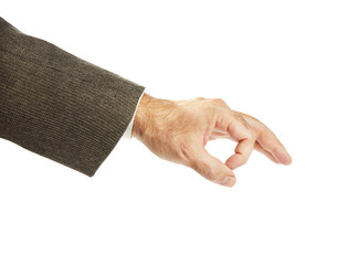 Man in a suit wants to flick and hit with his finger. Isolated on white background