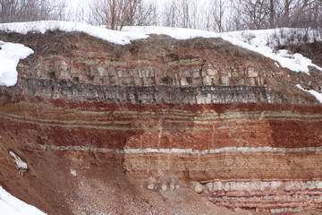  texture of different layers of clay underground in  clay quarry after geological study of soil.