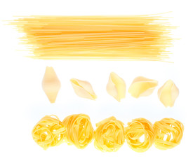 Collection of raw italian pasta close up isolated on white background