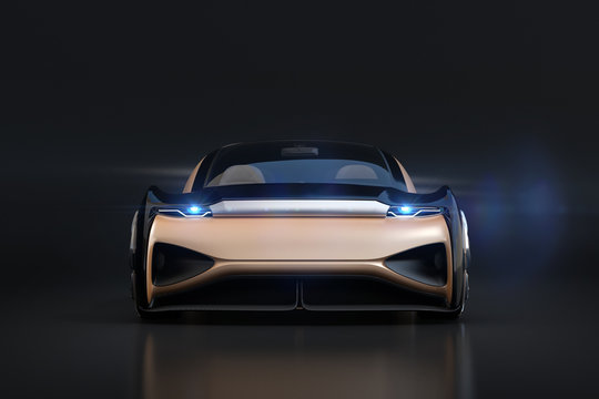 Front view of self driving electric car on black background. 3D rendering image.