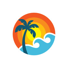 Summer travel - concept business logo template vector illustration. Tropical paradise vacation creative icon sign in flat design style. T-shirt badge. Palm tree, sea wave, sun. 
