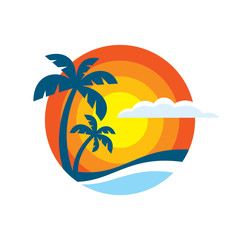 Fototapeta na wymiar Summer travel - concept business logo template vector illustration. Paradise vacation creative icon sign in flat design style. T-shirt badge. Palm trees, sea wave, sun, cloud. 