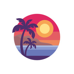 Obraz premium Summer holiday - concept business logo vector illustration in flat style. Tropical paradise creative badge. Palms, island, beach, sunrise, sea. Travel webbanner or poster. Graphic design element. 