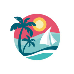 Fototapeta na wymiar Summer holiday - concept business logo vector illustration in flat style. Tropical paradise creative badge. Palms, coast, sun, sea wave. Travel webbanner or poster. T-shirt badge. Graphic design.
