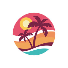 Fototapeta na wymiar Summer holiday - concept business logo vector illustration in flat style. Tropical paradise creative badge. Palms, island, beach, sunrise, sea. Travel webbanner or poster. Graphic design element. 