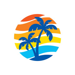 Summer holiday - concept business logo vector illustration in flat style. Tropical paradise creative badge. Palms, beach, sea wave. Travel web banner or poster. T-shirt badge. Graphic design.