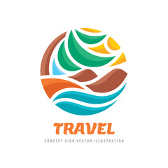 Travel - concept business logo template vector illustration. Summer vacation abstract sign in circle shape. Tropical holiday. Palm tree, sea waves, beach, coast, hill, sun. Graphic design element. 