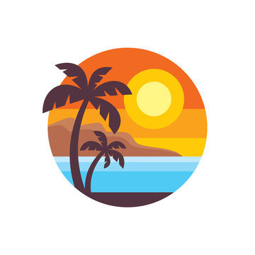 Summer Holiday - Concept Business Logo Vector Illustration In Flat Style. Tropical Paradise Creative Badge. Palms, Island, Beach, Sunrise, Sea. Travel Webbanner Or Poster. Graphic Design Element. 